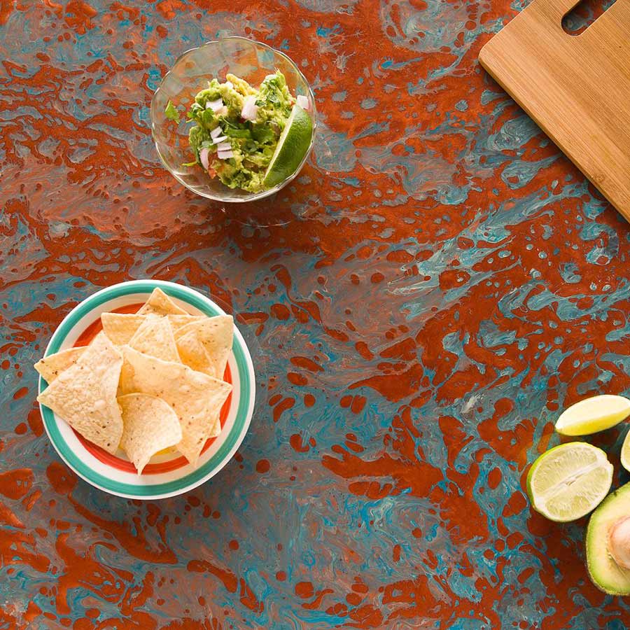 Snacks set out for a Mexican night on a newly installed epoxy countertop