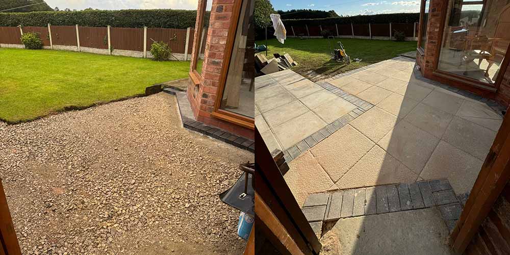 Before and after installation of a pattern and block paving patio in Warwickshire.